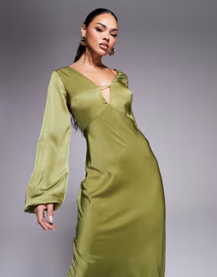 ASOS DESIGN v neck satin blouson sleeve maxi dress in olive green | ASOS (Global)