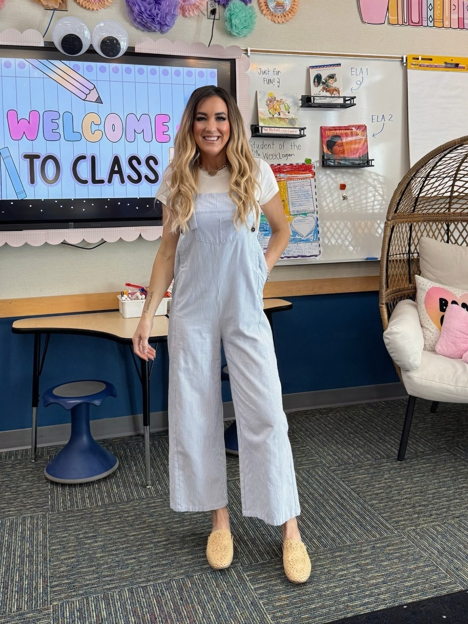 Teacher outfit of the day! Love overalls, especially when they feel elevated and are blue and white striped. Paired with a white tee and the viral target natural flats.

Teacher, outfit, overalls, casual, work outfit , Mom life, spring outfit, ￼workwear 

#LTKmomlife #LTKootd #LTKOver40