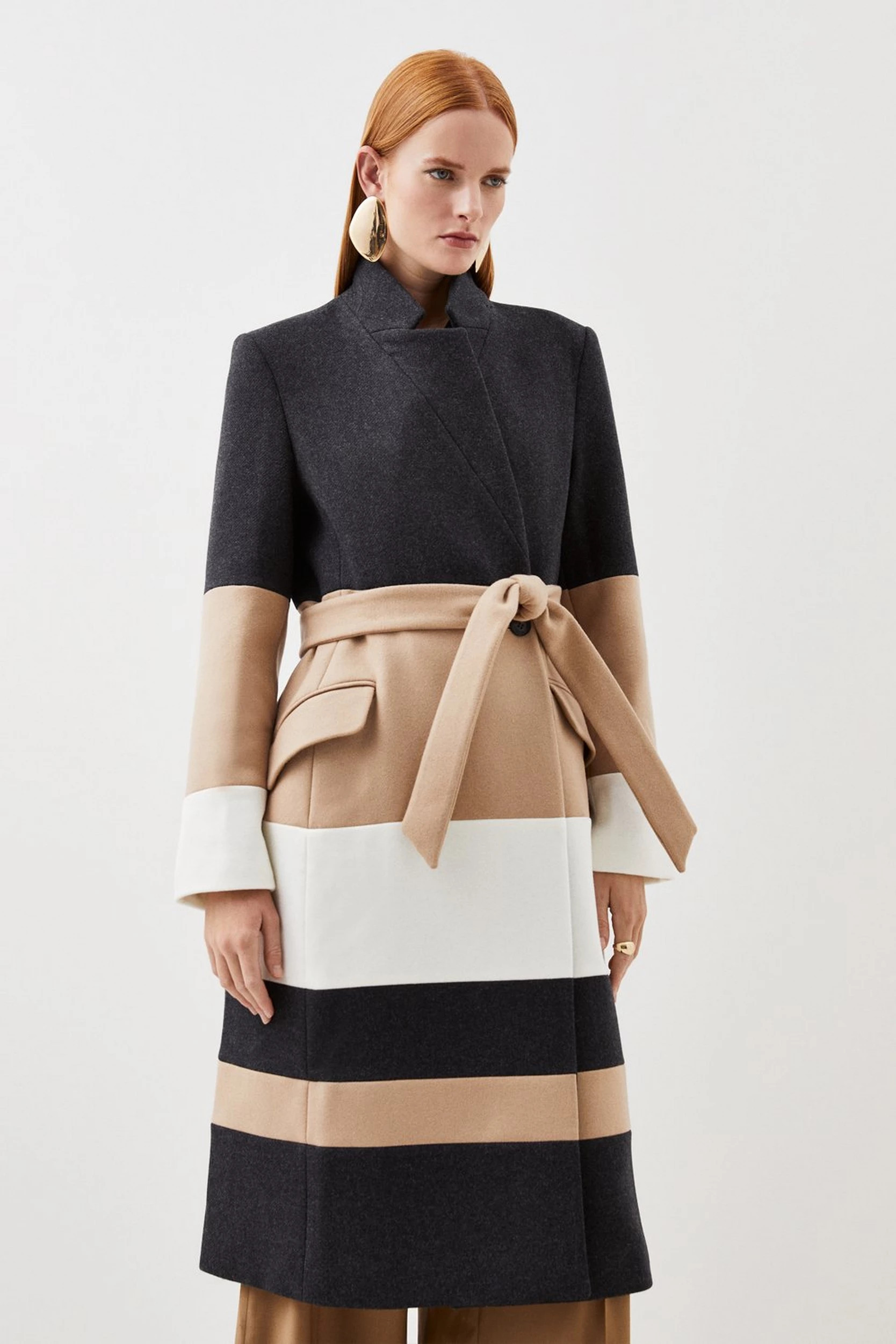 Italian Wool Blend Contrast Midi Coat | Karen Millen US