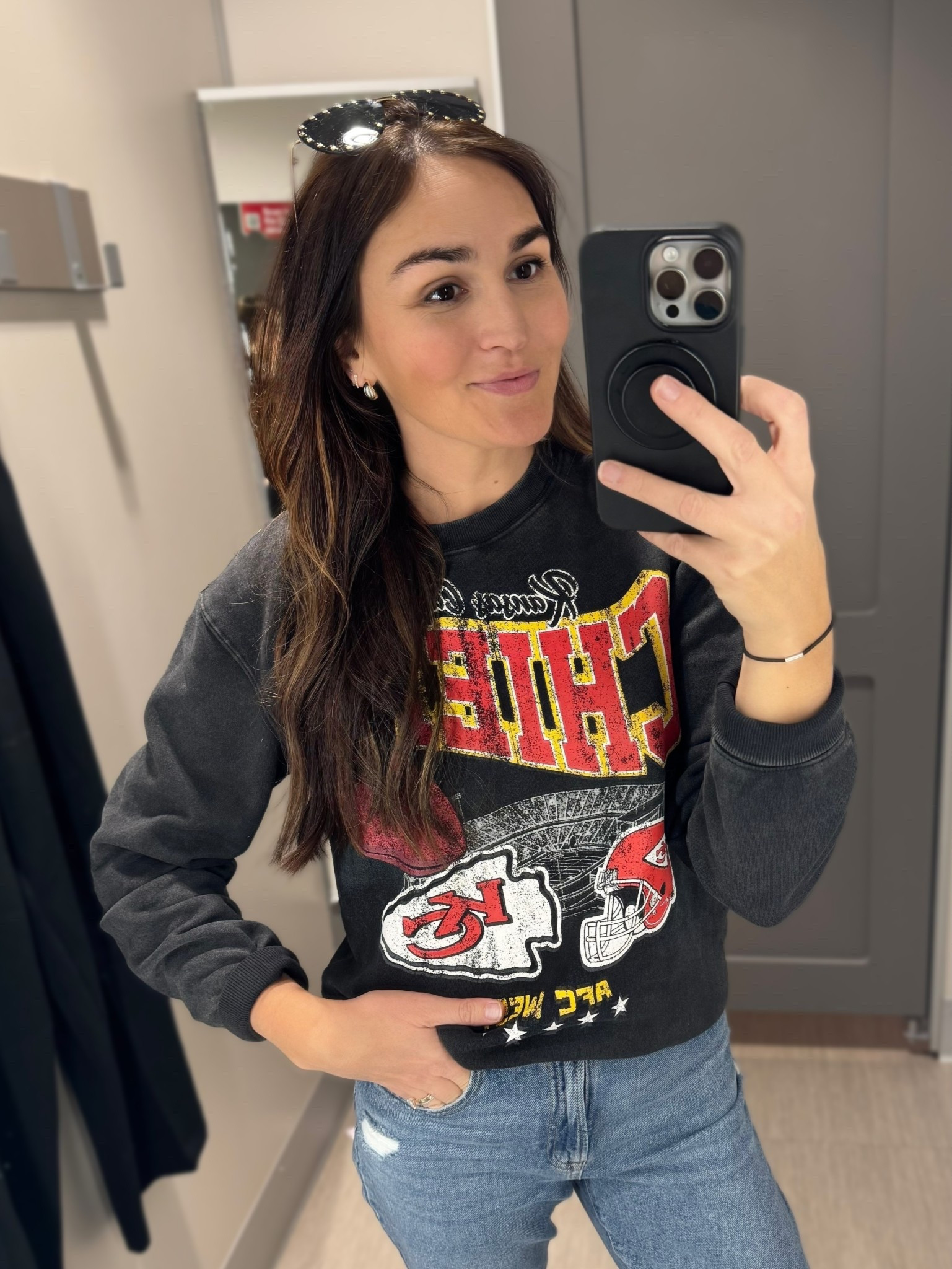 Distressed Chiefs sweatshirt 🏈
Wearing a small

#LTKSaleAlert #LTKFindsUnder50