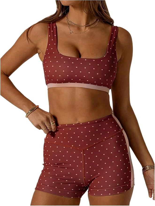Amazon.com: Milumia Women's Padded Polka Dots Workout Set 2 Piece Color Block Bra Tank High Waist... | Amazon (US)