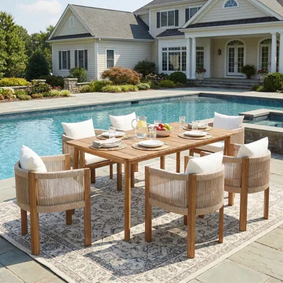 Keeton 7-Piece Modern Coastal Outdoor Dining Set With Acacia Wood Table And Rope-Wrapped Chairs With Cushions | Wayfair North America