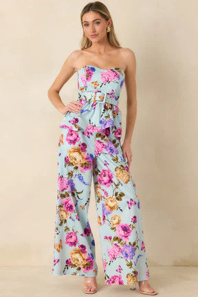 Prosperina Jamie Blue Multi Floral Cotton Strapless Peplum Top | Red Dress