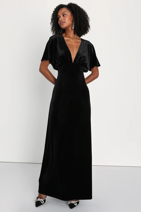Mystical Charm Black Velvet Flutter Sleeve Maxi Dress | Lulus