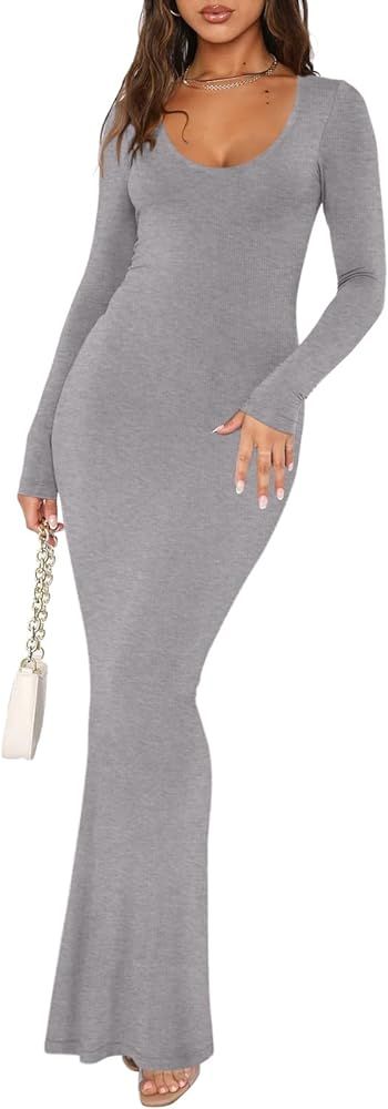 REORIA Women's Sexy Scoop Neck Long Sleeve Lounge Long Dress Ribbed Bodycon Maxi Dresses | Amazon (US)