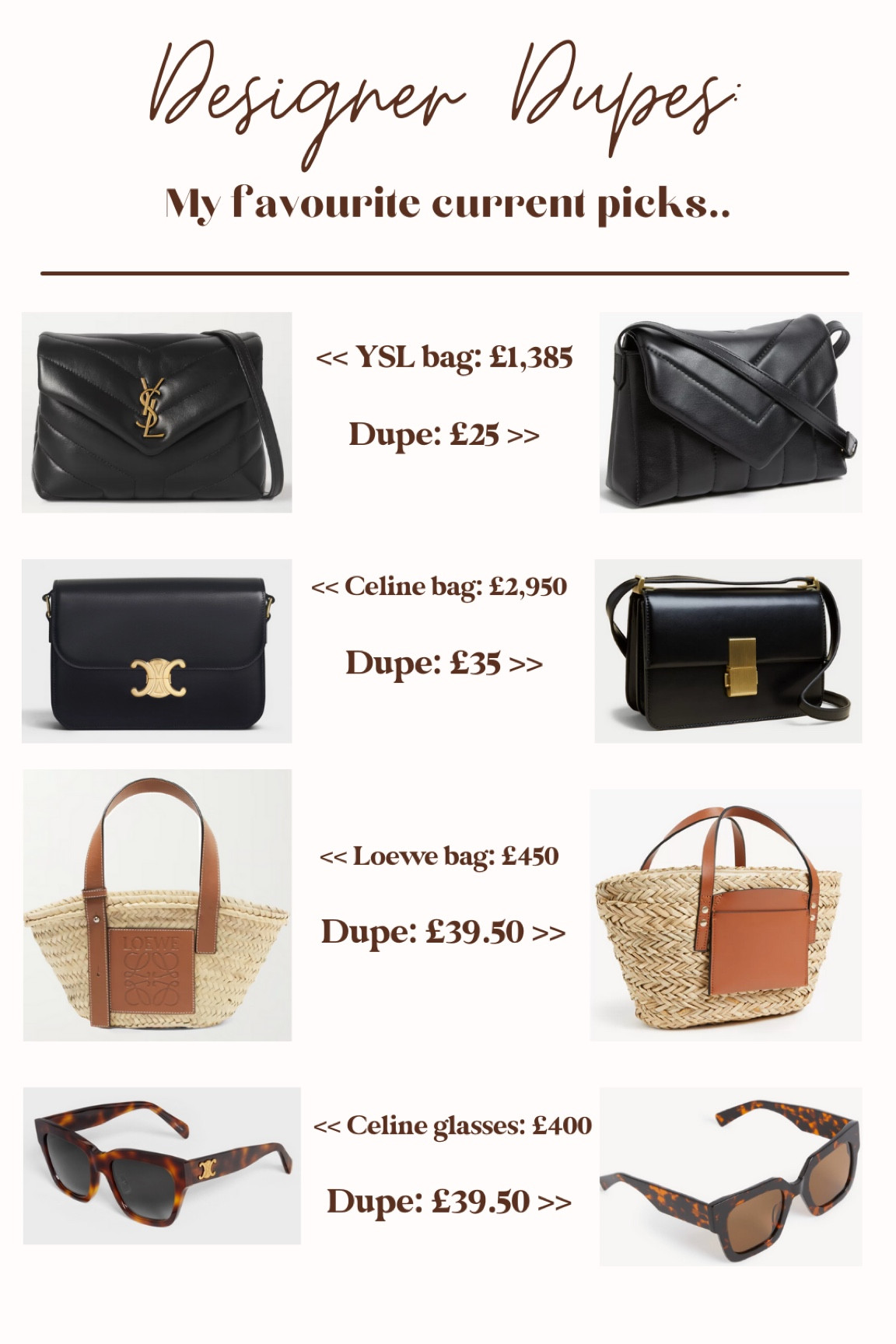 Designer dupes: my favourite picks 🤍 #Designer #Designerdupes #Dupes 

#LTKunder50 #LTKunder100