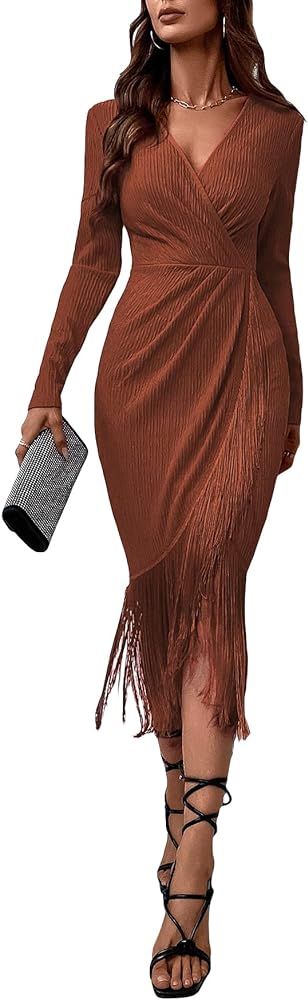 WDIRARA Women's Wrap Ruched Fringe Hem V Neck Long Sleeve Solid Bodycon Party Maxi Dress | Amazon (US)