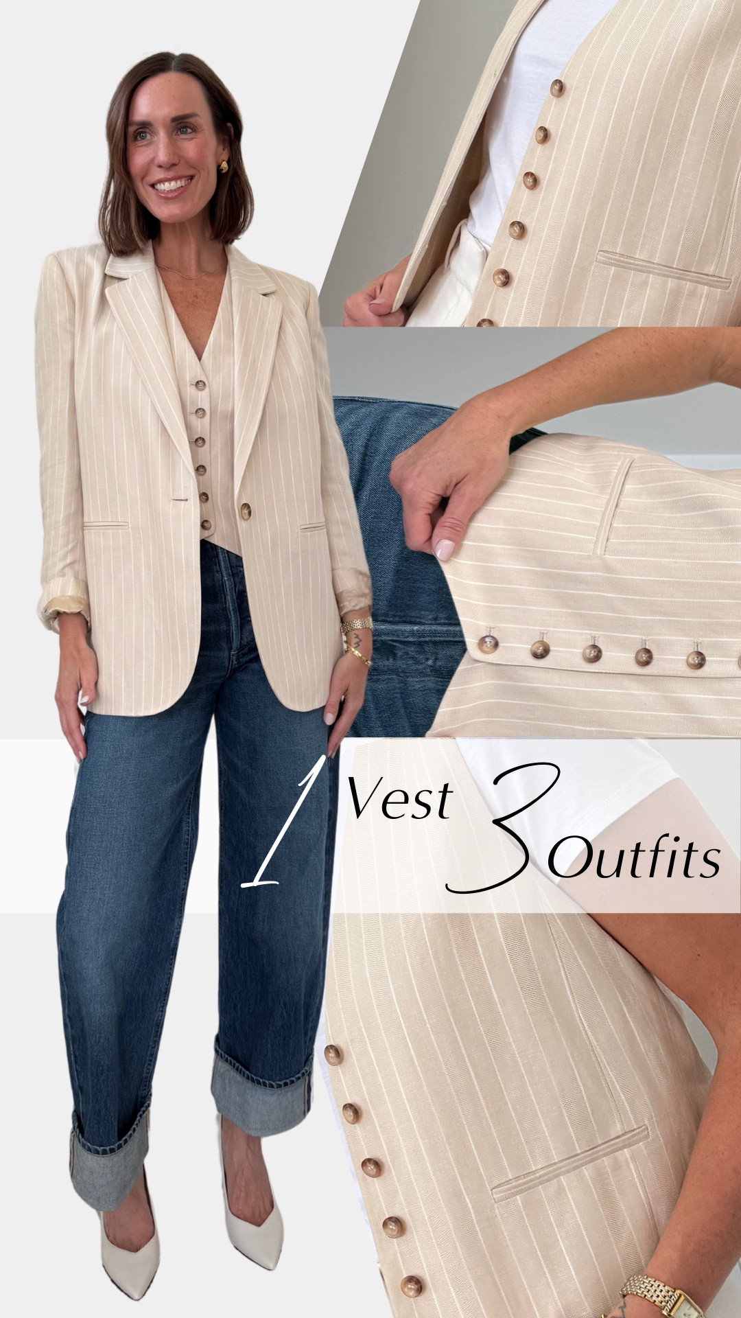 One Vest, Three Outfits ⚡️

Styling my new favorite Ba&sh vest! I love pulling in fresh, versatile pieces like this because it’s so much fun experimenting with all of the different directionsI can go! This lightweight, linen vest can be styled for a more dressed up look, and can also be dressed down for something more casual. Here are just a few of the ways I’m excited to wear this beauty:

Outfit 1: Paired with a relaxed trouser pant for a sleek monochromatic look. 

Outfit 2: Paired with the matching linen blazer & cuffed wide-leg denim for a polished chic look.

Outfit 3: Paired with a fitted white tee tucked into an ivory trouser short - again, the monochromatic vibes, but in a casual cool way. 

Which is your favorite?! 
.
#onevestthreeoutfits #personalstylistdenver #personalstylist #stylingservice #outfitideas #wardrobeconsultant #denverstyle #springstyle 

#LTKStyleTip
