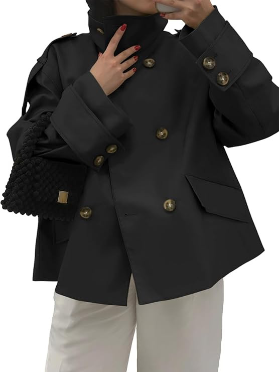 Tankaneo Womens Short Trench Coat Oversized Double Breasted Stand Collar Cropped Jacket Fall Casu... | Amazon (US)