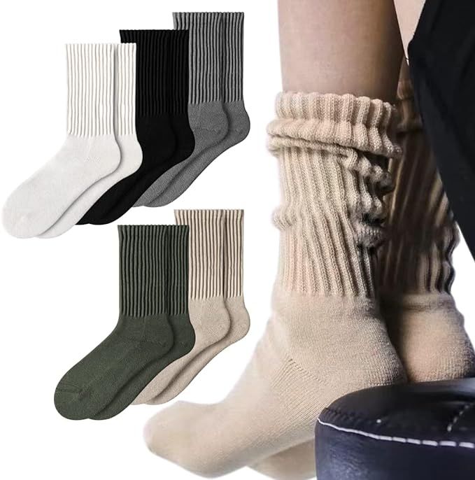 Women Crew Socks Retro Slouch Socks For Women Solid Casual Ribbed Crew Socks Pack of 5 | Amazon (US)