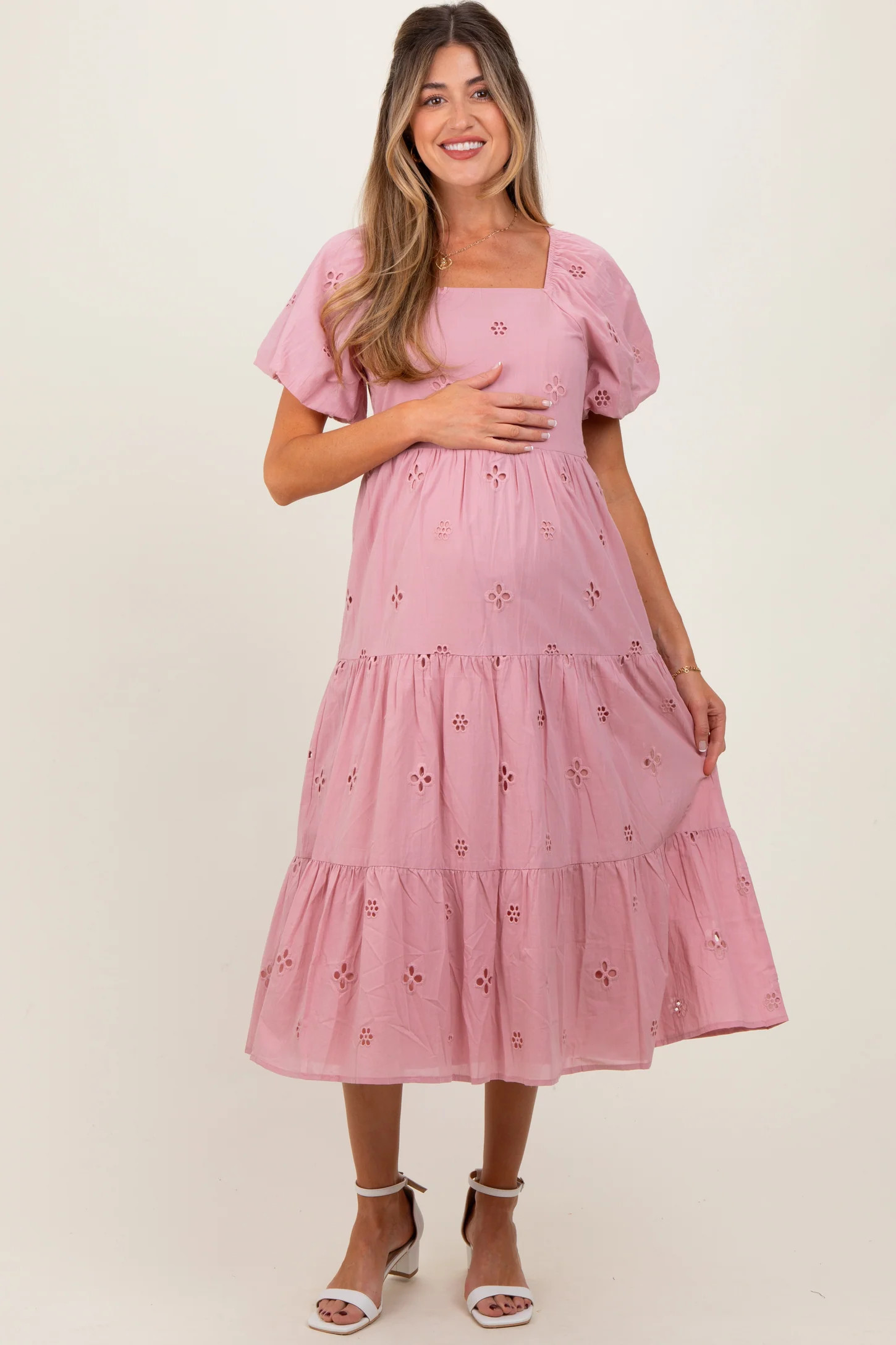 Pink Eyelet Square Neck Maternity Midi Dress | PinkBlush Maternity