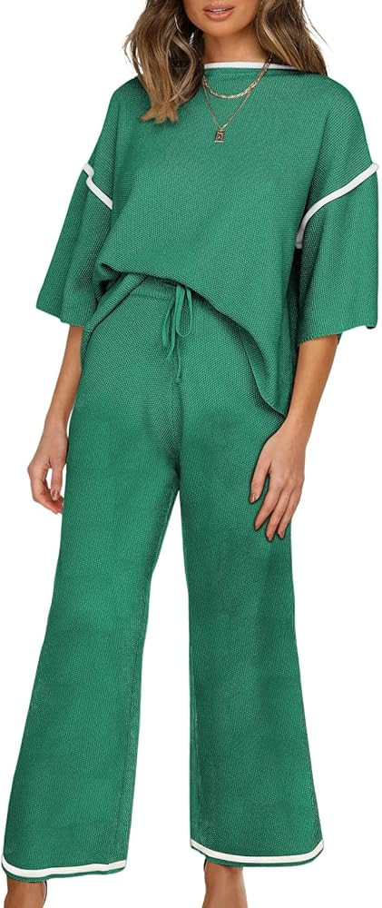 SHEWIN Womens Two Piece Outfits Casual Short Sleeve Knit Sweater Tops Matching Wide Leg Pants Tra... | Amazon (US)