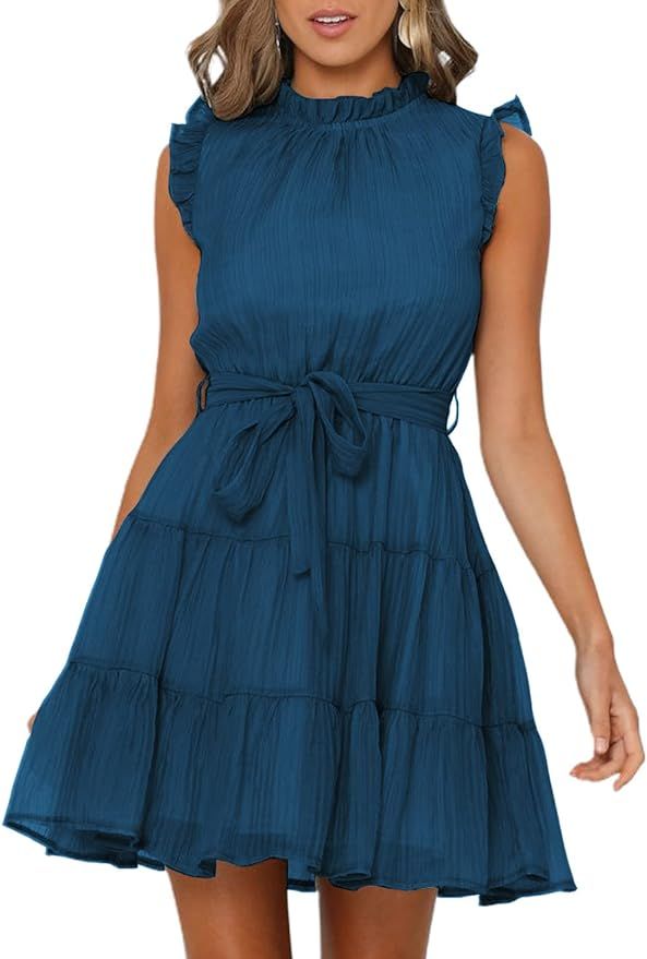 FARYSAYS Women's Ruffle Sleeveless Round Neck Waist Tie Casual Short Mini Swing Dress | Amazon (US)