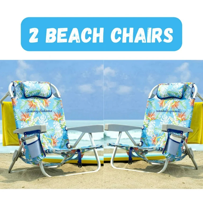 Tommy Bahama Backpack Folding Reclining Polyester Beach Chair Set of 2, Blue Floral | Walmart (US)