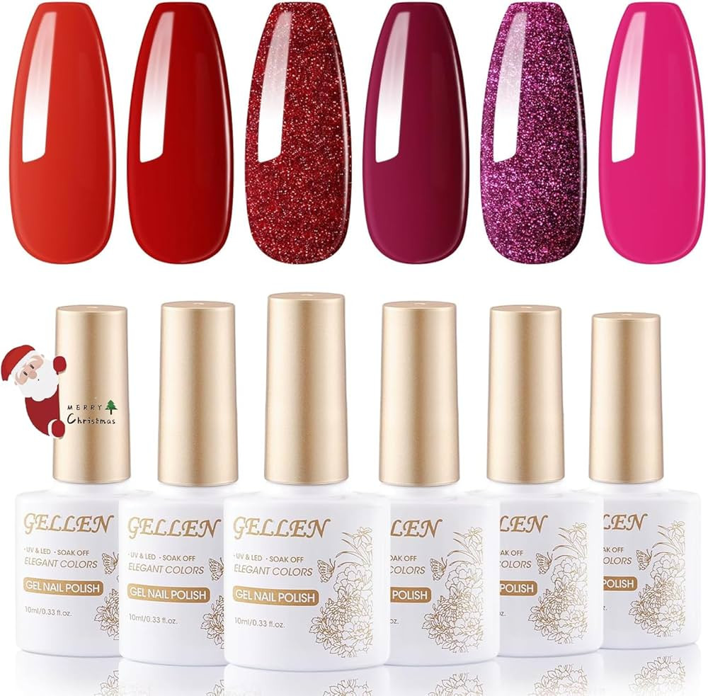 Gellen Gel Nail Polish Set, 6 Colors Red Gel Polish Set Dark Red Burgundy Hot Pink Glitter Gel Na... | Amazon (US)