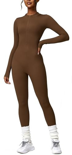 GymNatural One Piece Jumpsuits for Women Long Sleeve Ribbed Zip Up Workout Outfit Unitard Jumpsuits Bodycon Sexy Bodysuit Yoga Romper Brown Small | Amazon (US)