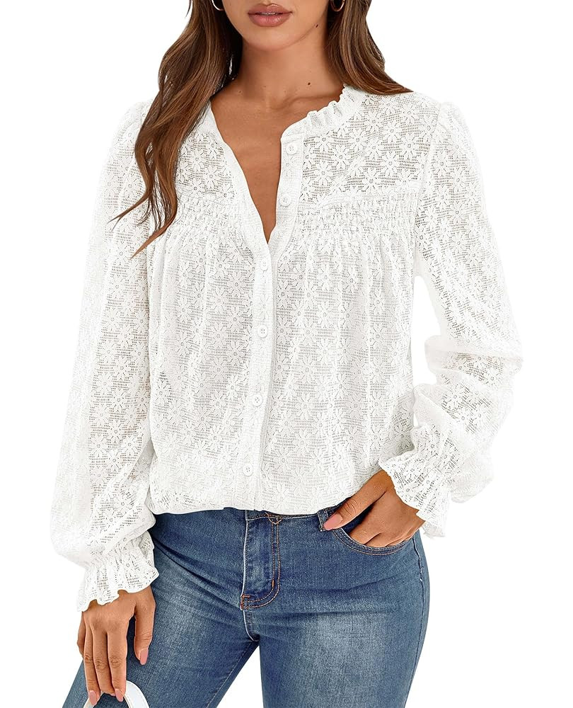 PRETTYGARDEN Lace Long Sleeve Tops for Women Eyelet Blouses Dressy Casual Hollow Out Button Down ... | Amazon (US)