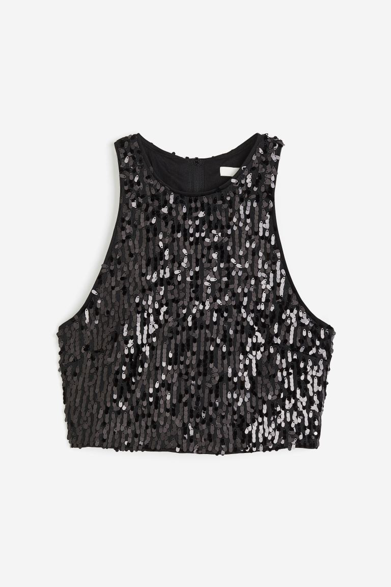 Croptop met pailletten - Zwart/pailletten - DAMES | H&M NL | H&M (DE, AT, CH, NL, FI)