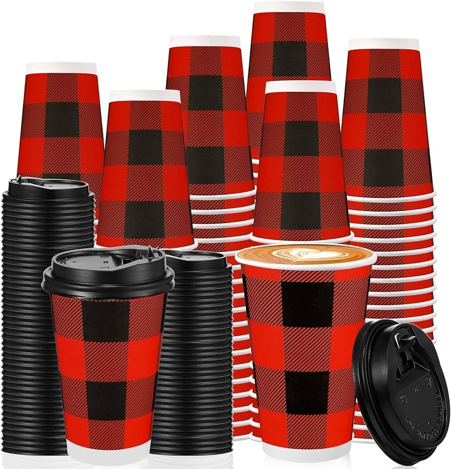 60 Pcs Disposable Coffee or Hot Chocolate Cups 16 oz Red and Black Buffalo Plaid Paper Cups with ... | Amazon (US)