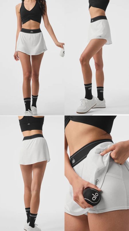 Alo Yoga Match Point Tennis Skirt.
Black and white. Perfect for tennis, golf, and other activities.
Cute trendy active wear. Gym set, active lifestyle, clean girl aesthetic, timeless wardrobe staple. Two piece outfit. Activewear. Matching set. 

#LTKspring #LTKgiftguide #LTKfitness