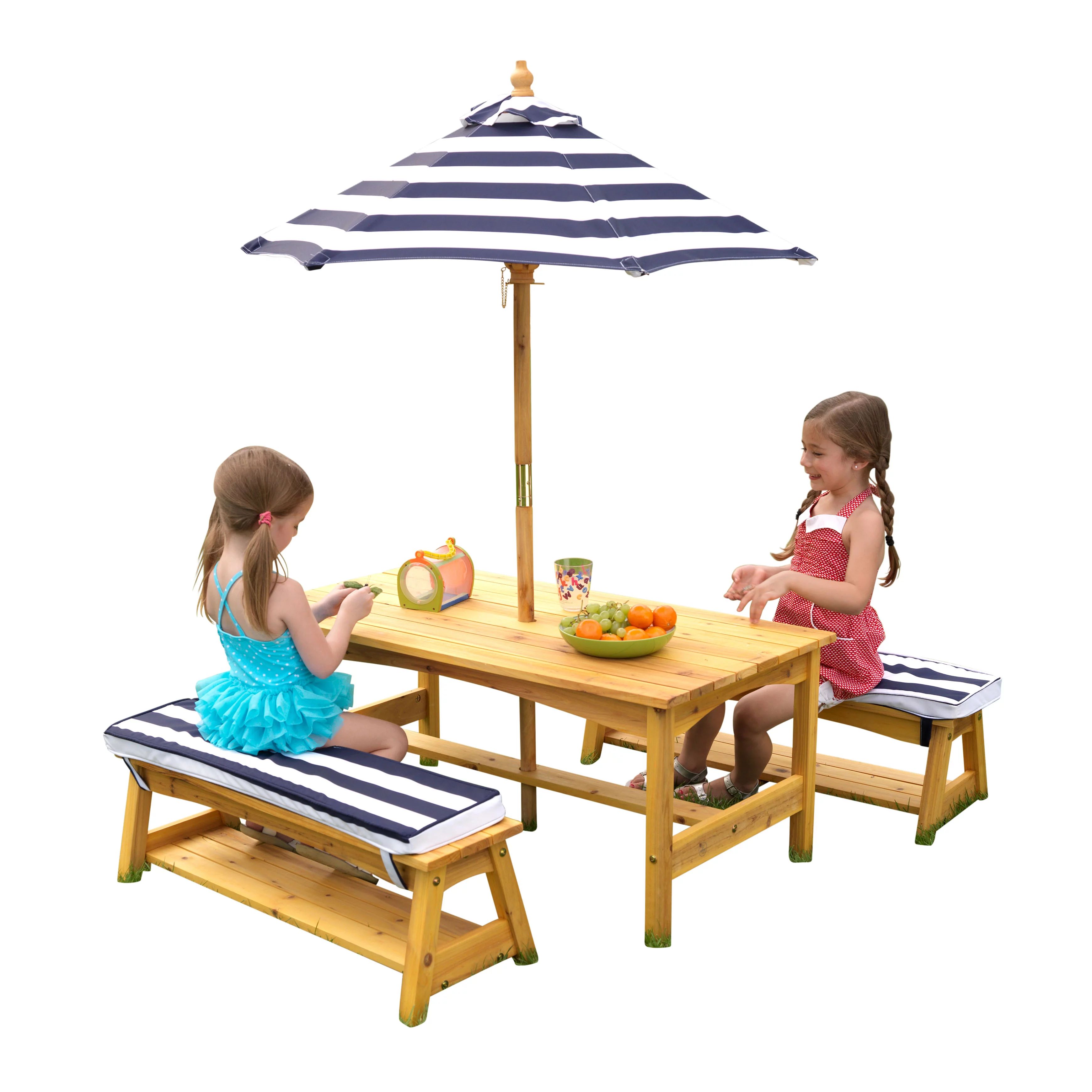 KidKraft Outdoor Table & Bench Set with Cushions & Umbrella - Navy & White Stripes - Walmart.com | Walmart (US)