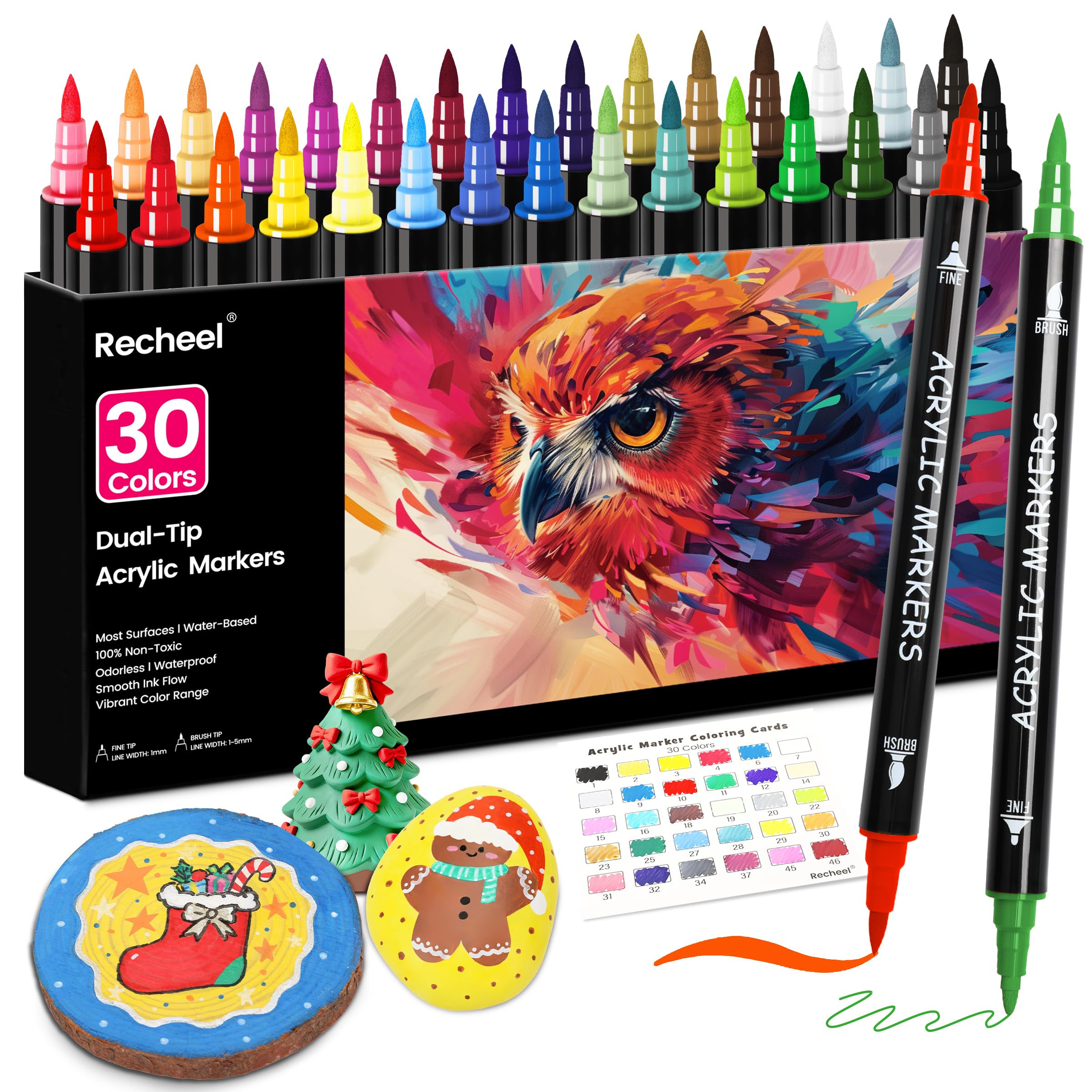 30 Colors Acrylic Paint Markers, Dual Tip Fine and Brush Tips for Detailed Art, Crafting, Rock Pa... | Amazon (US)