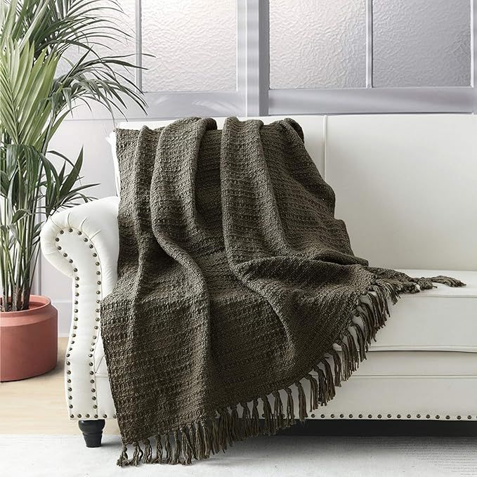 Chunky Knit Throw Blanket, Sage Green Soft Warm Cozy Bed Throw Blanket with Tassels, Boho Style T... | Amazon (US)
