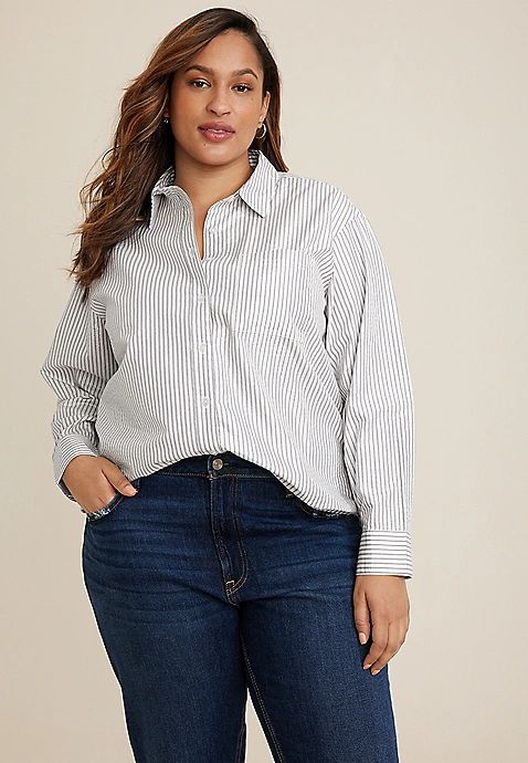 Plus Size 90s Prep Metallic Striped Relaxed Button Up Shirt | Maurices