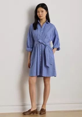 Lauren Ralph Lauren Women's Striped Belted Broadcloth Shirtdress, Blue, 12 | Belk