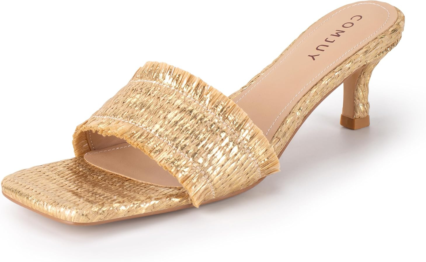 Raffia Mule Sandals for Women Square Toe Slip On Kitten Heels Woven Heeled Slides for Summer Dres... | Amazon (US)