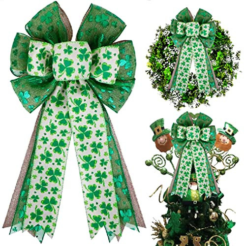 St Patricks Day Bow for Wreath Decorations,St Patricks Day Tree Topper Bows,Large Burlap White Green Glitter Shamrock Bowknot Irish Holiday Crafts Bows for Front Door Outdoor Outside | Amazon (US)