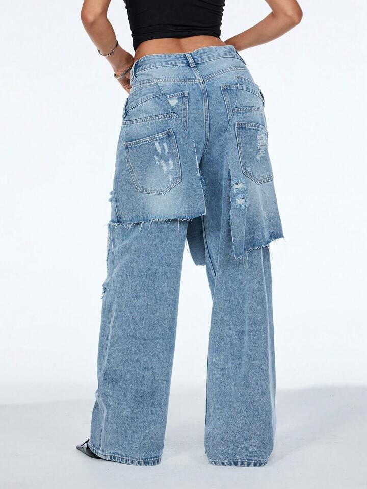 TRNVIE Women's Solid Color Double-Layer Waistband Ripped Casual Fashion Jeans | SHEIN