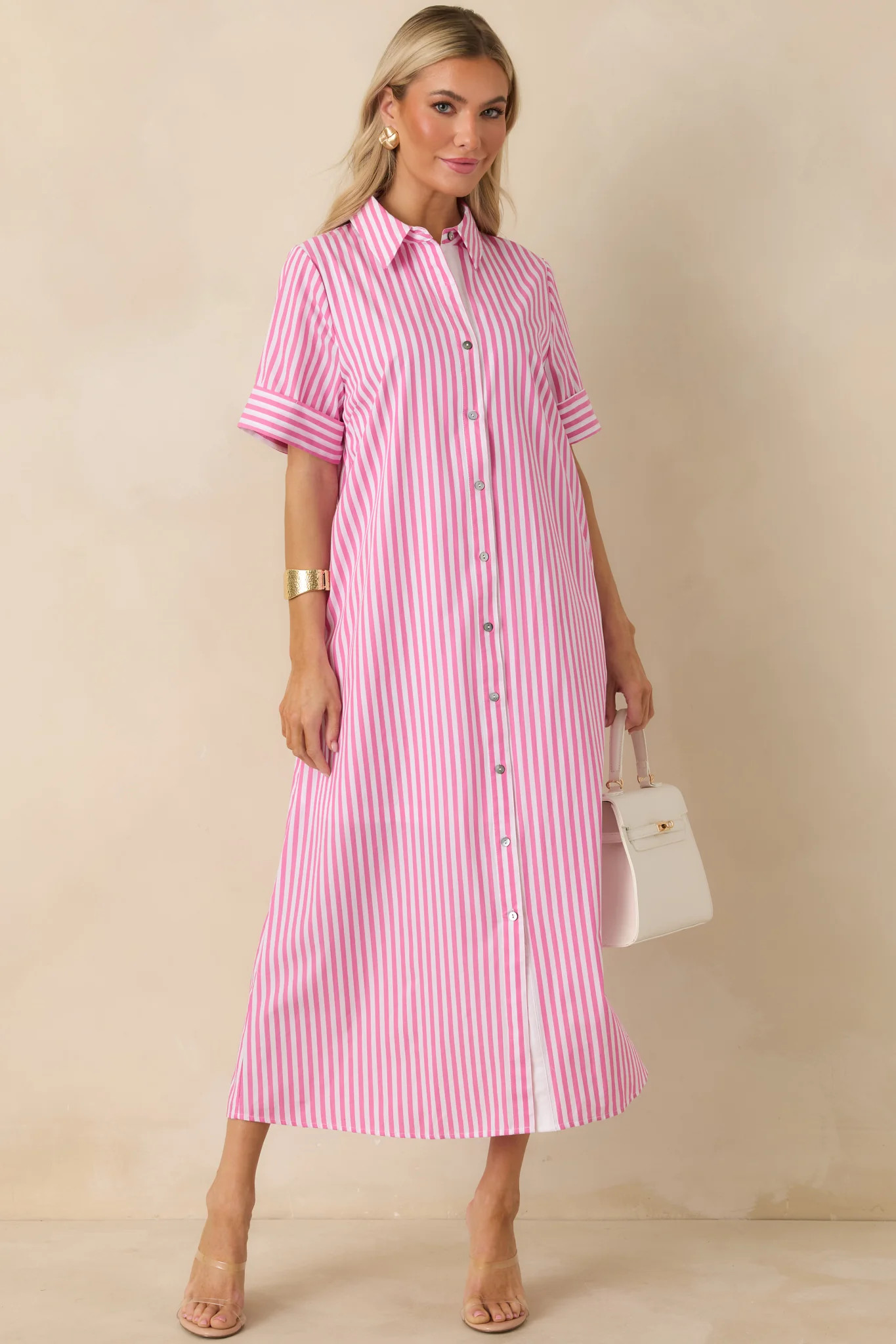 Pretty in Pinstripes Pink Cotton Stripe Button Front Maxi Shirt Dress | Red Dress