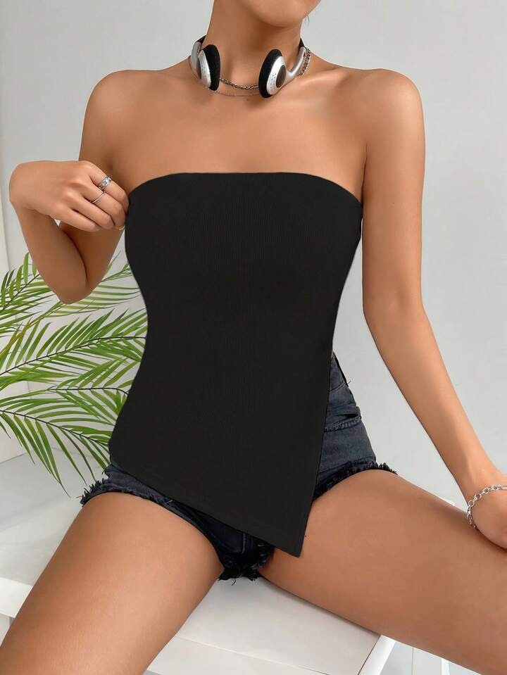 SHEIN EZwear Solid Asymmetrical Hem Black Tube Top | SHEIN