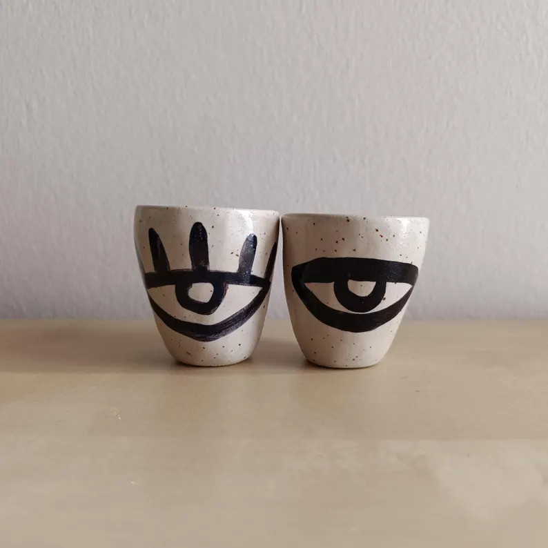 Evil Eye Espresso Cup Set: Hand-Painted Speckled Stoneware Pinch Pots | Etsy (US)