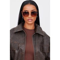 Brown Rimless Oversized Rounded Sunglasses, Brown | PrettyLittleThing UK