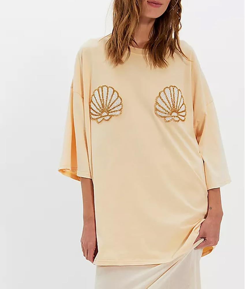 Amiblvowa Women Oversized Graphic Tee Shirt Cute Beaded Top Sparkle Embroidered Beachy Tops Teen ... | Amazon (US)