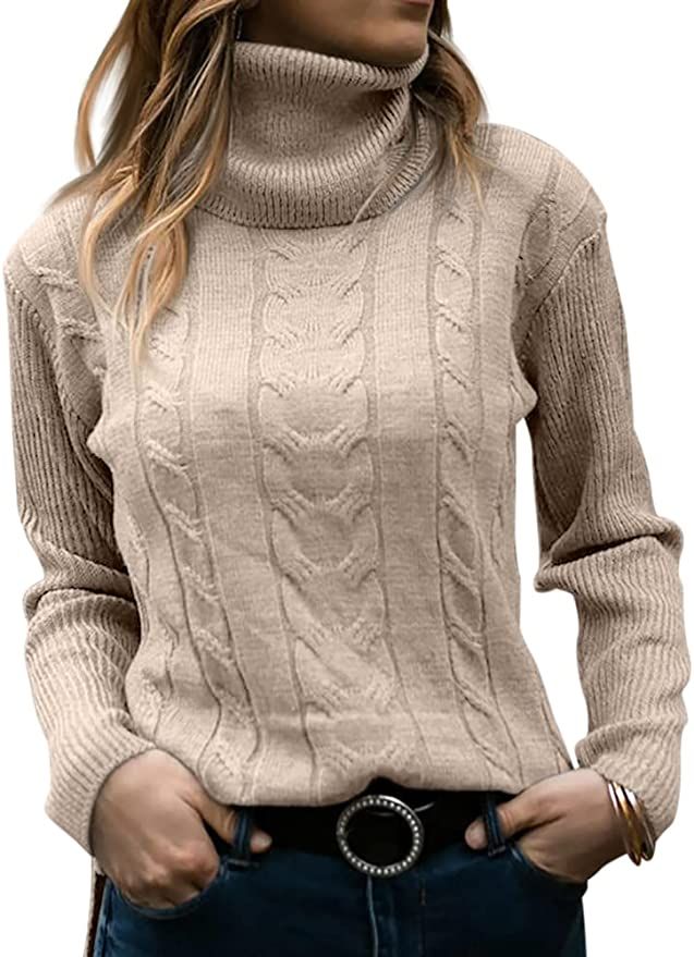 Womens Turtleneck Sweaters Long Sleeve Pullover Cable Knit Sweaters Soft Jumper | Amazon (US)