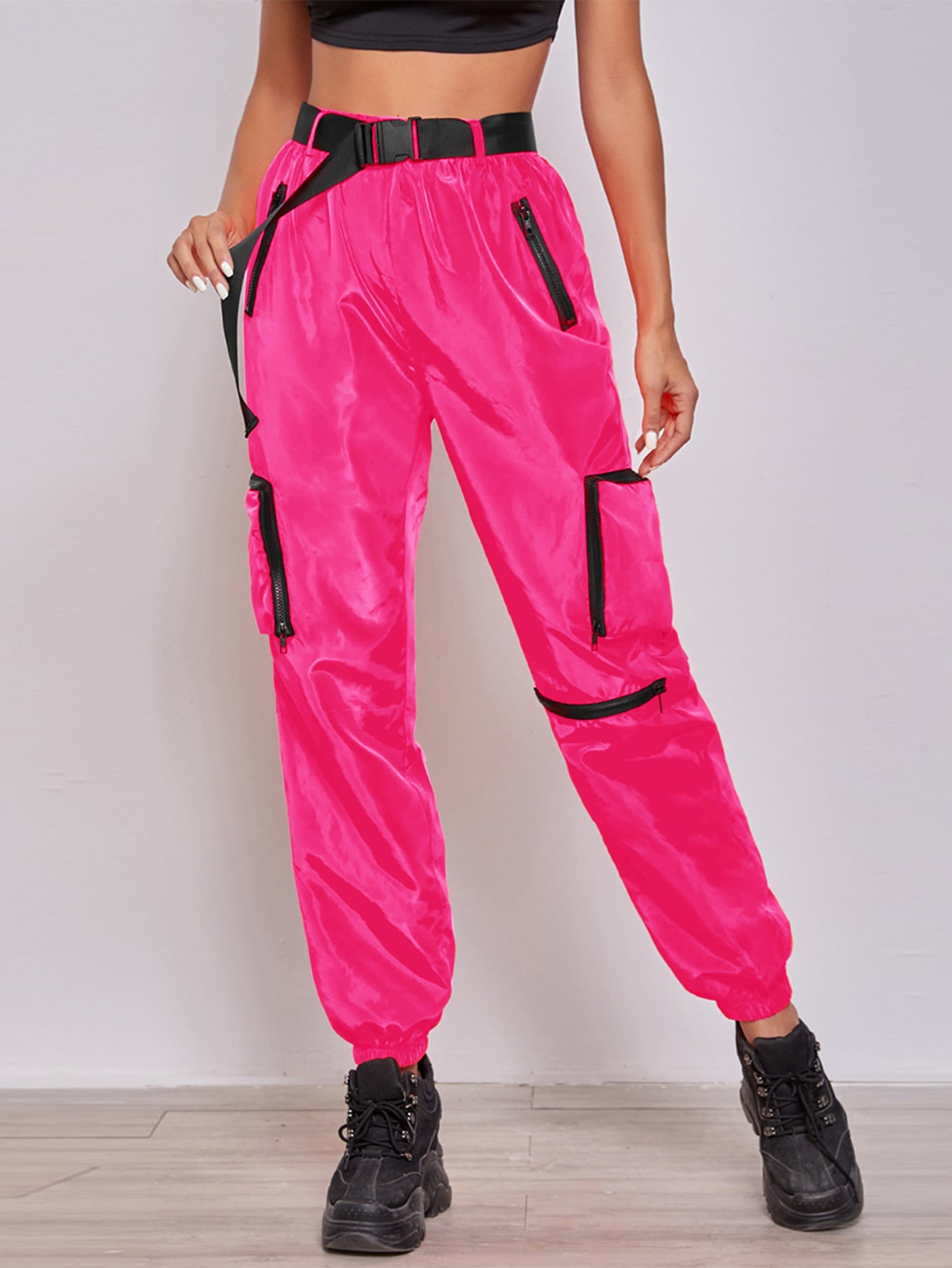 SHEIN Coolane Zipper Patch Pocket Push Buckle Belted Wind Joggers | SHEIN