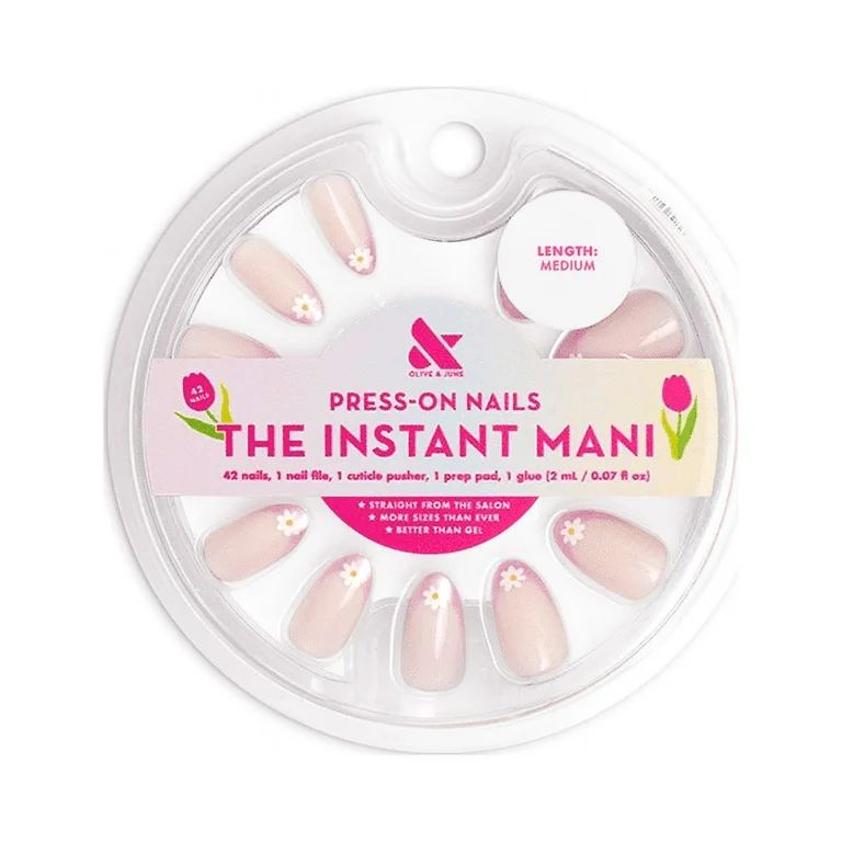 Olive & June Instant Mani Medium Oval Press-On Nails, Pink, Shimmer Flower French, 42 Pieces - Wa... | Walmart (US)