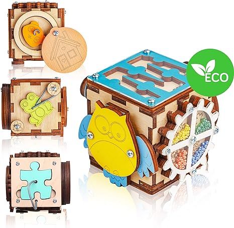BizzzyJoy Wooden Activity Cube for Toddlers 1-3 Year - 6in1 Owl Puzzles Maze 3.15 х 3.15 inch - ... | Amazon (US)