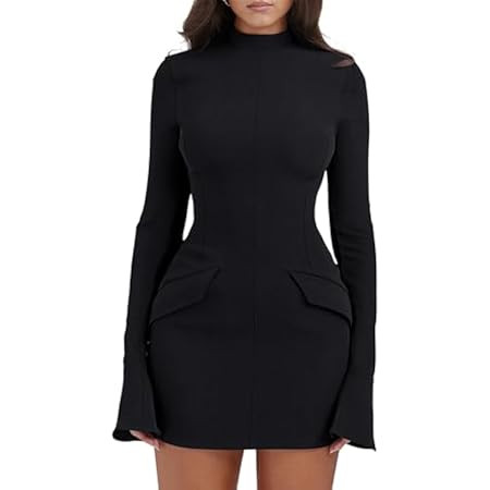 OFEEFAN Women's Fall Long Sleeve Mock Neck Dress Basic Party Club Bodycon Mini Dresses | Amazon (US)