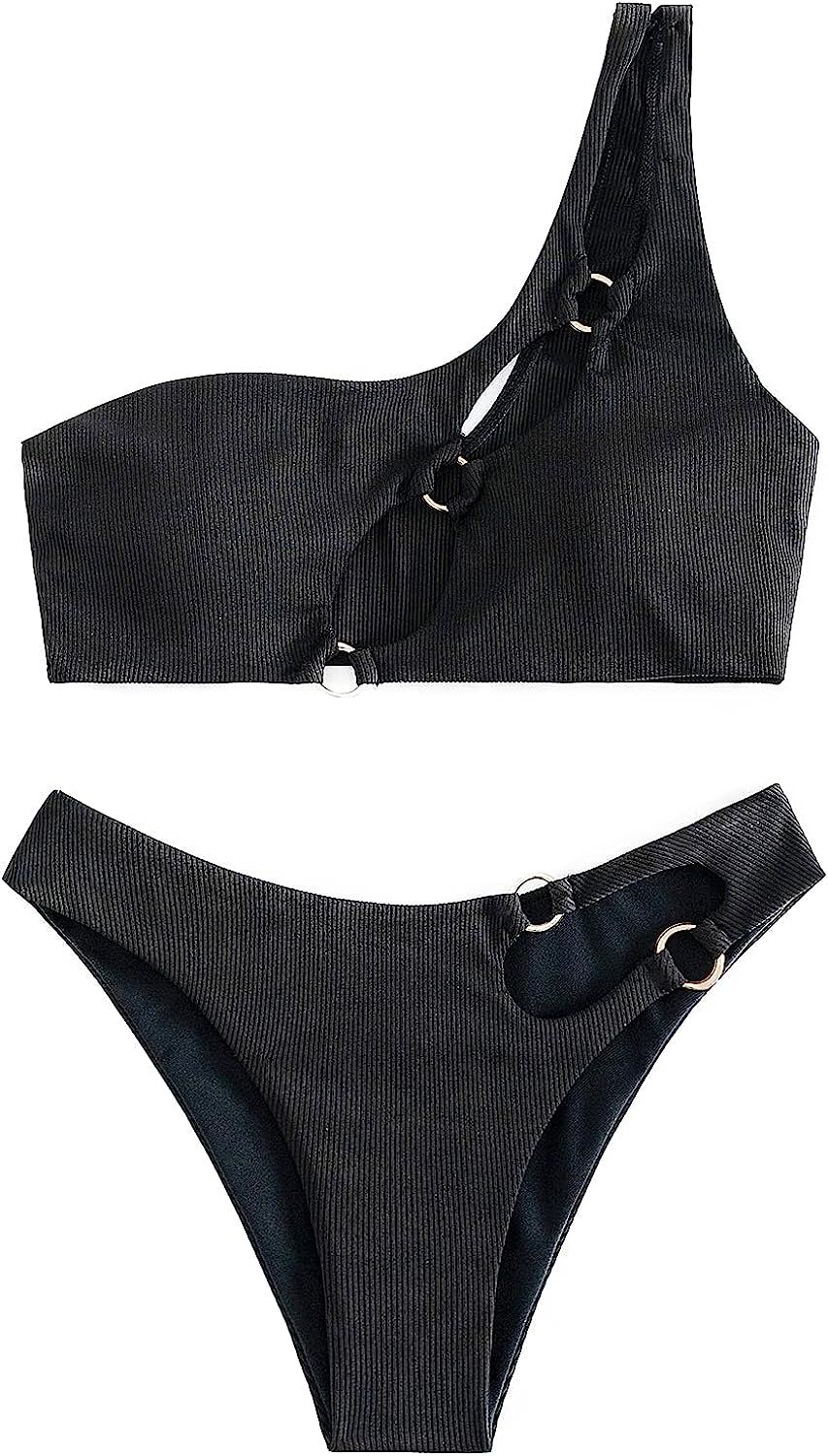 Milumia Women's 2 Piece One Shoulder Cut Out Bikini Set Ring Linked Ribbed Knit Swimsuit | Amazon (US)