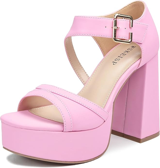 WSKEISP Platform Chunky Heels for Women Trendy Square Toe Heeled Sandals Black White Pink Silver ... | Amazon (US)