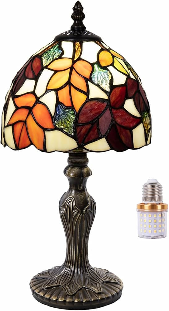 Small Tiffany Table Lamp,8 inch Red Leaves Stained Glass 3-Color-Temperature Light for Bedside Li... | Amazon (US)