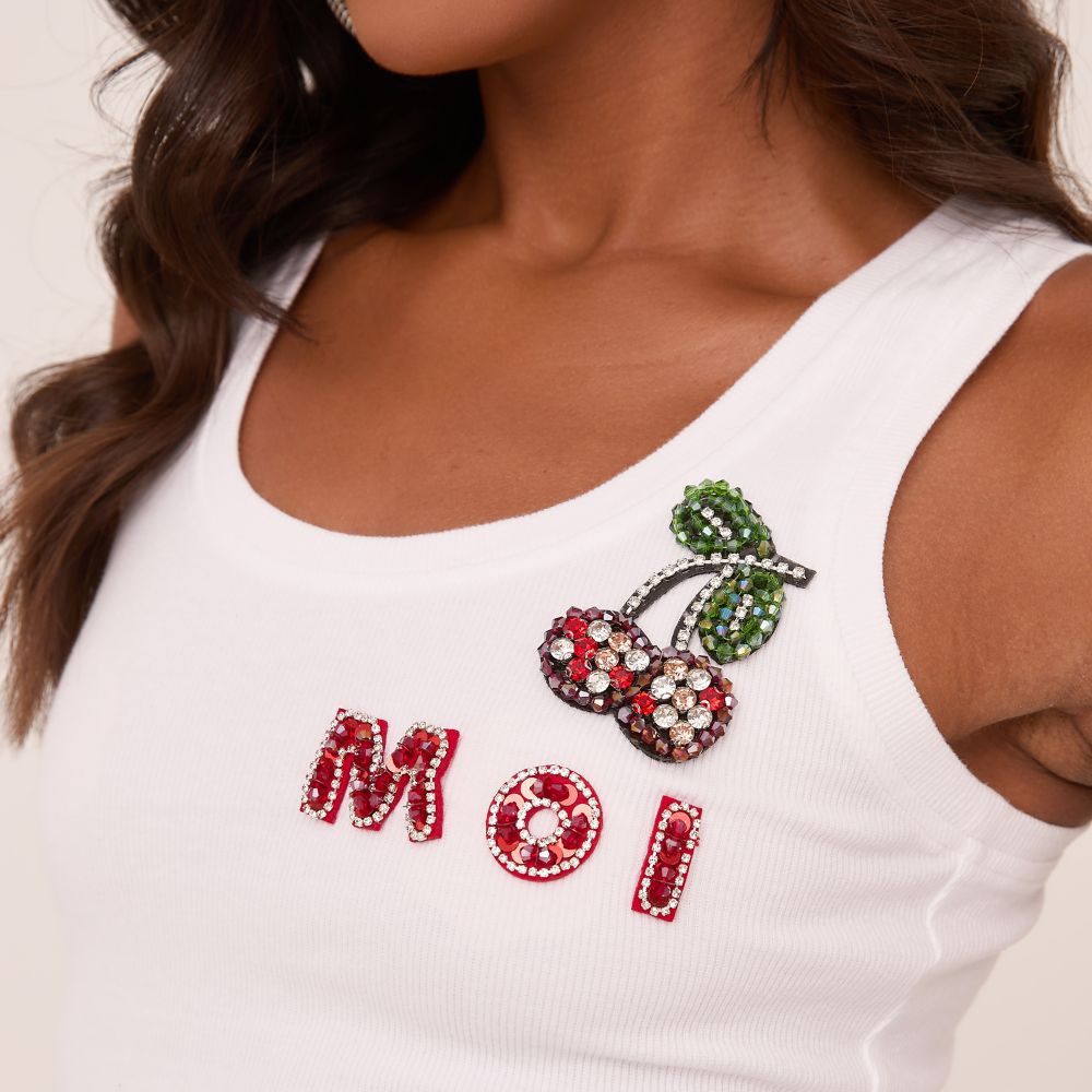 Scoop Neck Embellished Moi Cherry Graphic Print Vest In White Ribber | EGO (UK)