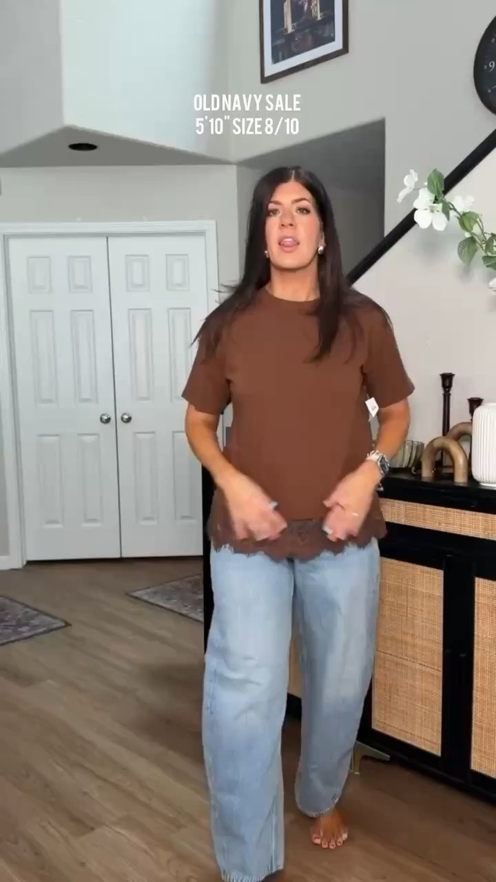 old navy sale In a small tee and 8 regular barrel Jean
 Midsize summer to fall outfits, easy outfit, workwear, fall fashion, lounge, midsize denim, casual, ootd, everyday outfit, mom life, brown, trendy tops, back to school

#LTKOver40 #LTKSeasonal #LTKMidsize