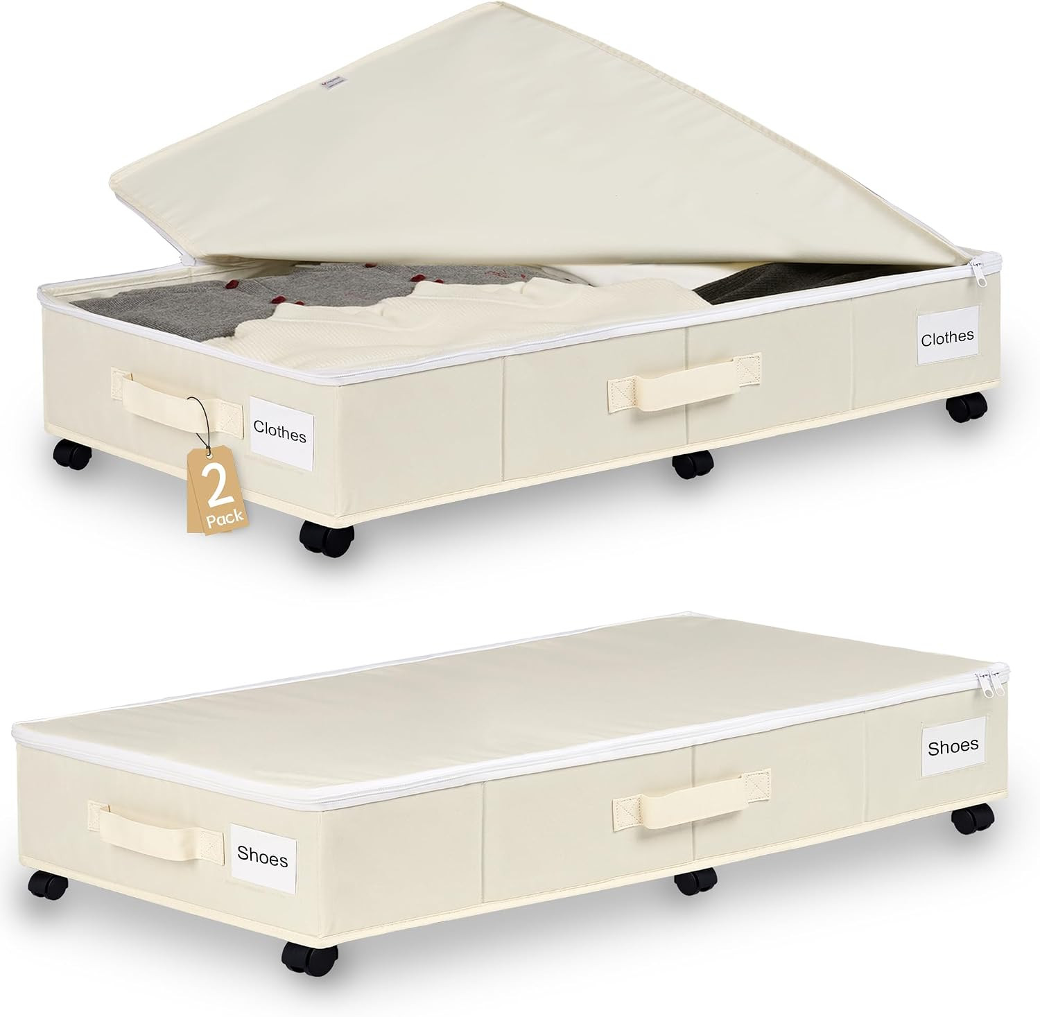 Under Bed Storage with Wheels, 2 Pack Under Bed Storage Containers with Label Holders for Clothes, Shoes and Blankets, Rolling Underbed Shoe Organizer with Cover, Beige (35.43x15.7x7.28 in) | Amazon (US)