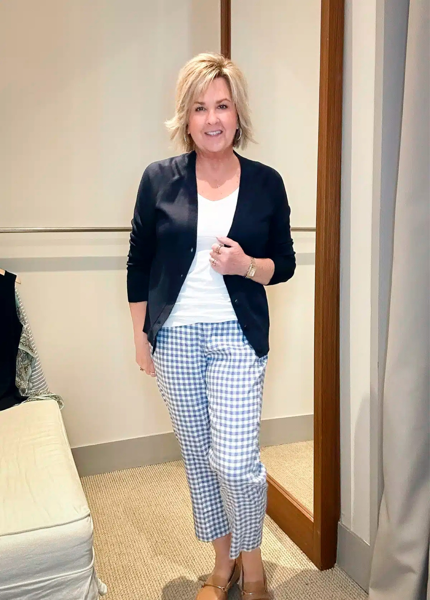 Cardigan Size Medium | Tank Size Medium (needed a large) | Blue and White slim leg pants size medium 

#LTKOver40 #LTKWorkwear #LTKStyleTip