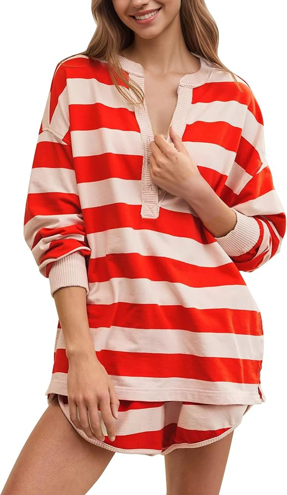 Ythomm Womens Striped Lounge Sets 2 Piece Oversized Henley Long Sleeve Top Drawstring Shorts Matc... | Amazon (US)